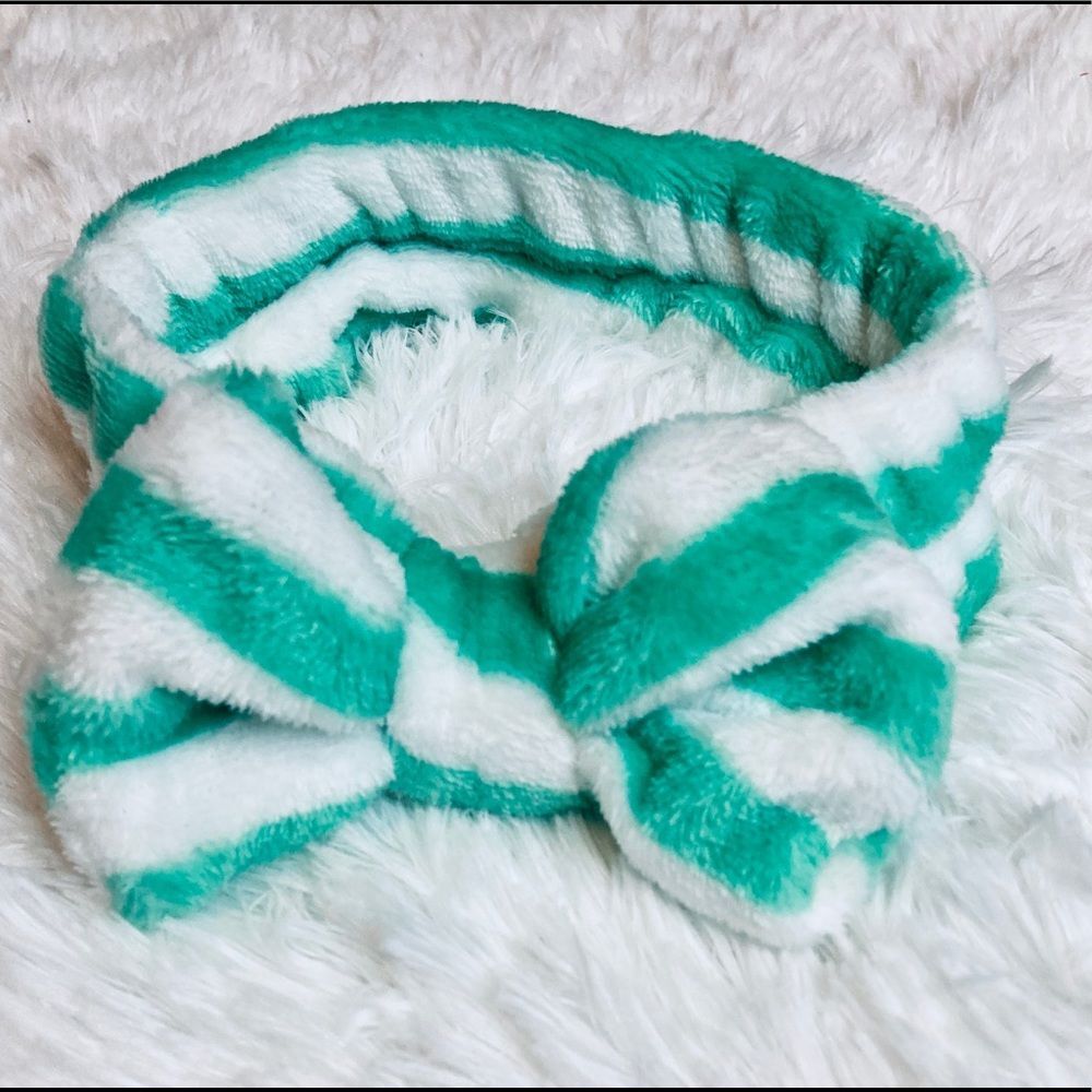 Spa Headband with Bow Women’s & Girl Green White striped Hairband NEW